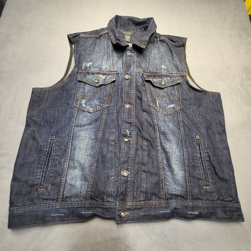 ROCAWEAR Denim Jacket Mens 48 Dark Wash Jean Vest Distressed Sleeveless Trucker
